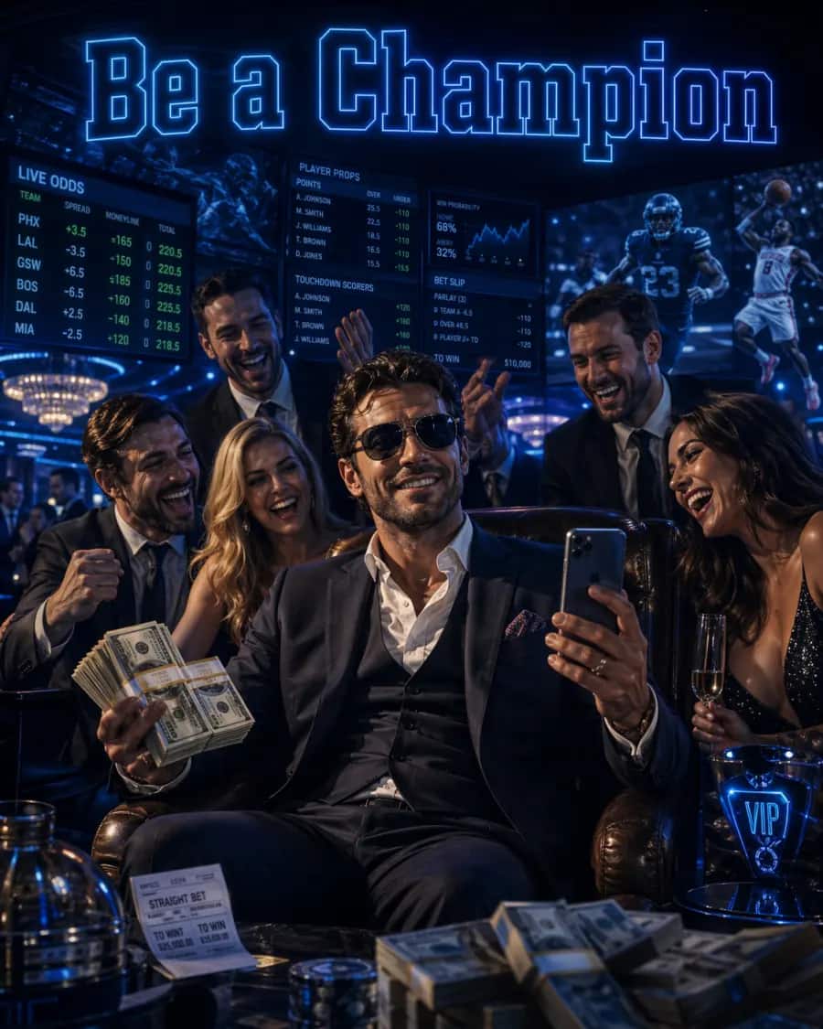 DeepChamp VIP sportsbook lounge artwork showing a champion-night betting scene with a bold electric blue atmosphere