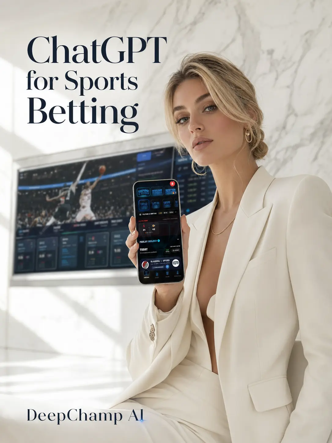 DeepChamp AI sales creative showing a luxury model in a white suit holding up the app phone in a marble gallery