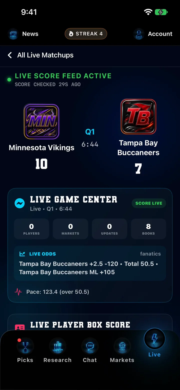 DeepChamp AI live game center with score, live odds and box score