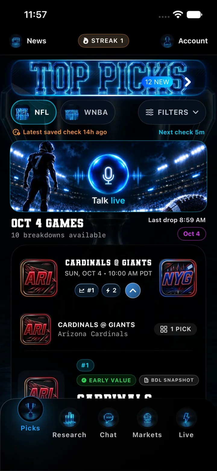 DeepChamp AI Picks board showing the day's games, filters and a Talk live voice entry