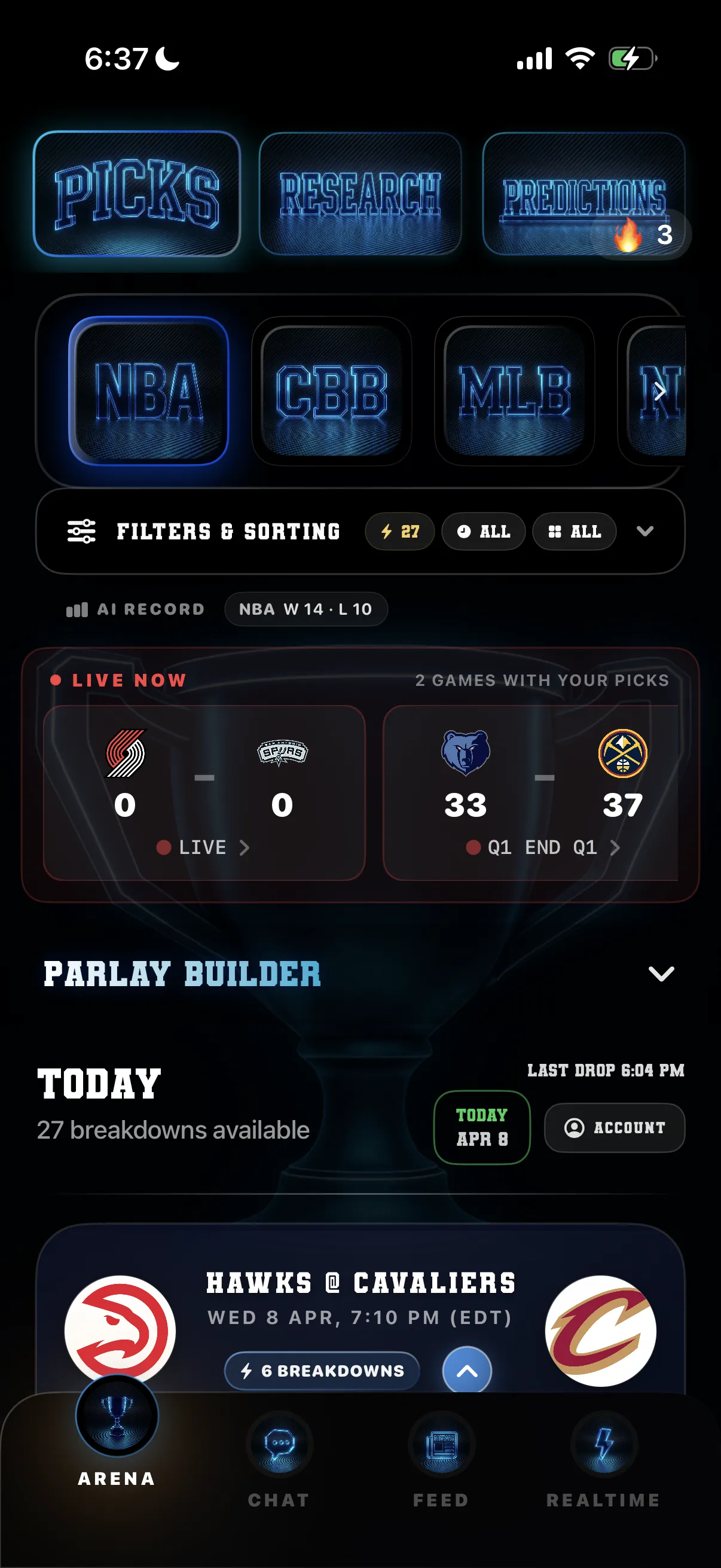 DeepChamp AI Picks board showing live games, filters and research shortcuts