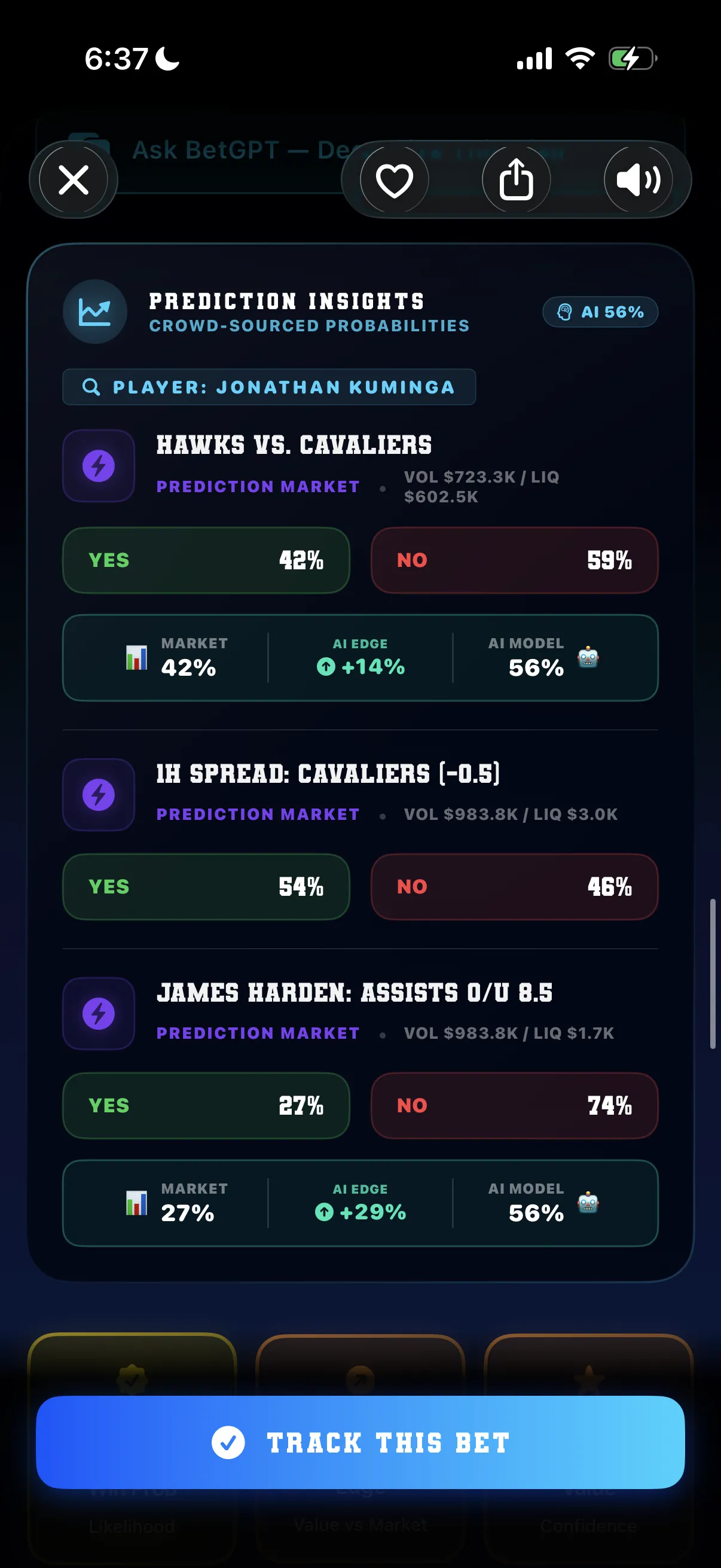 DeepChamp AI prediction research showing market probabilities and matchup context