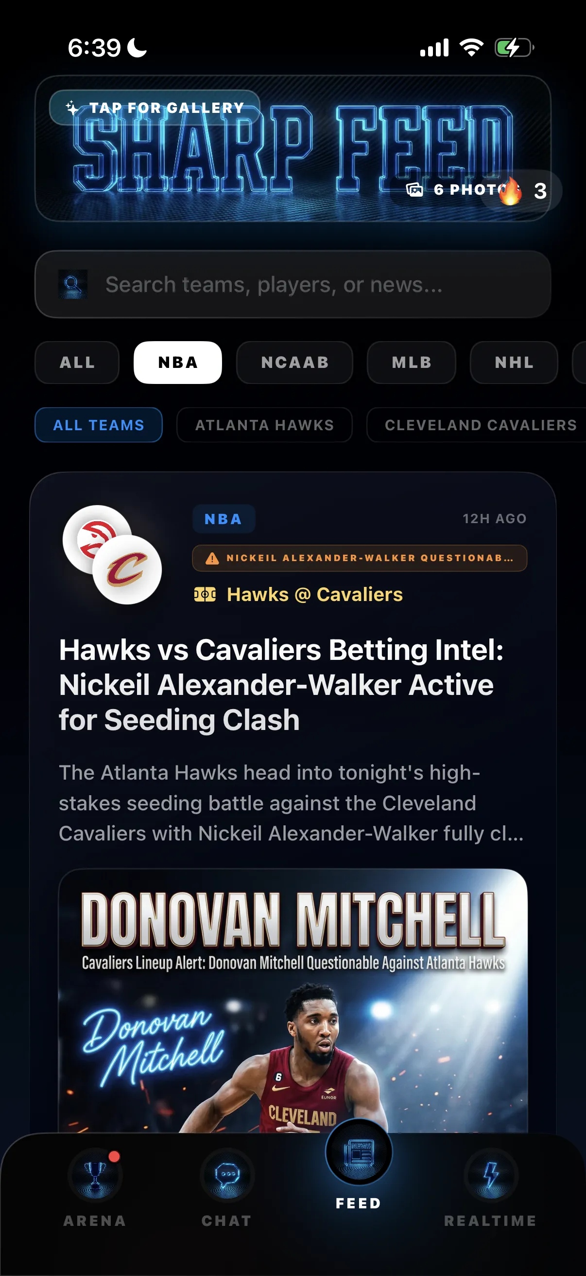 DeepChamp AI Sharp Feed showing current sports news and matchup intelligence