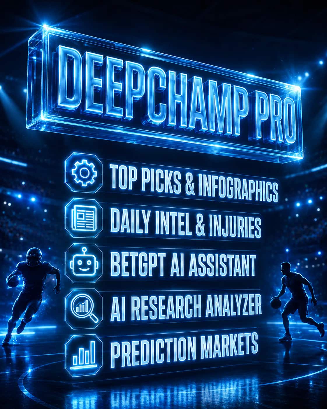 DeepChamp Pro feature lineup with top picks, daily intel, BetGPT AI assistant, AI research analyzer, and prediction markets