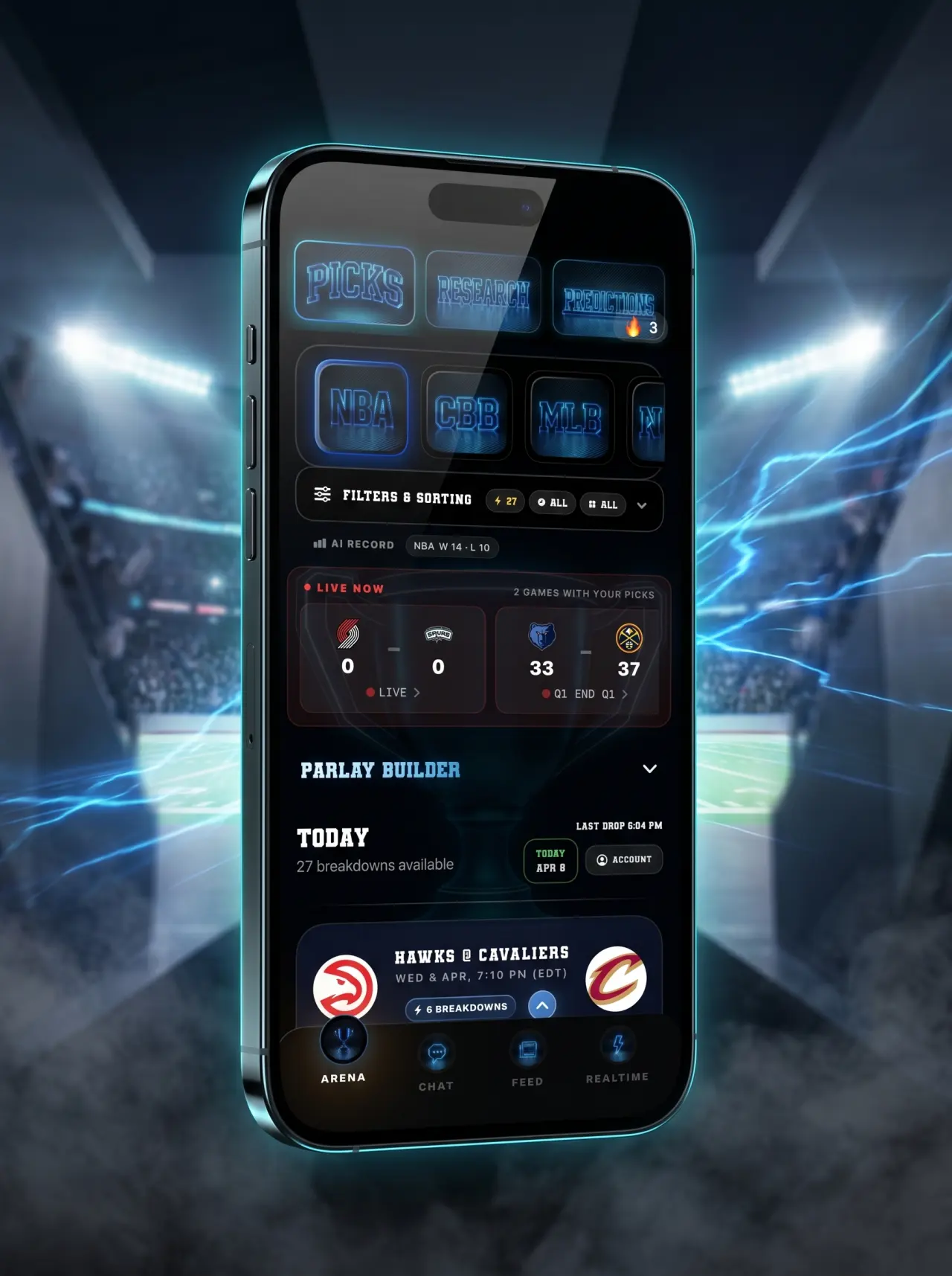DeepChamp AI Picks board displayed on iPhone in a football tunnel