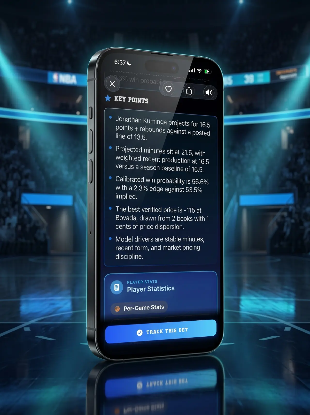 DeepChamp AI Daily Intel displayed on iPhone inside a basketball arena