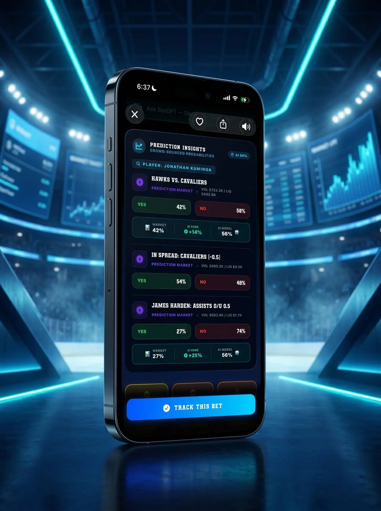 DeepChamp AI prediction research displayed on iPhone in a blue trading-floor setting
