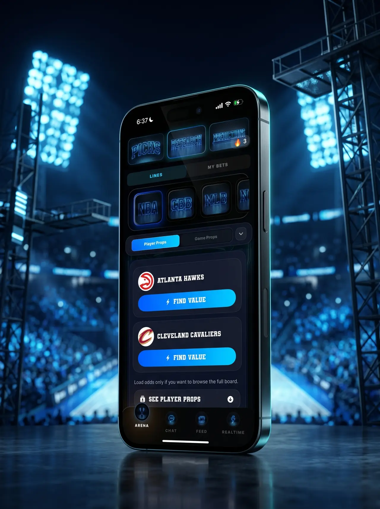 DeepChamp matchup breakdown screen shown inside a cinematic 3D iPhone in a basketball arena at night