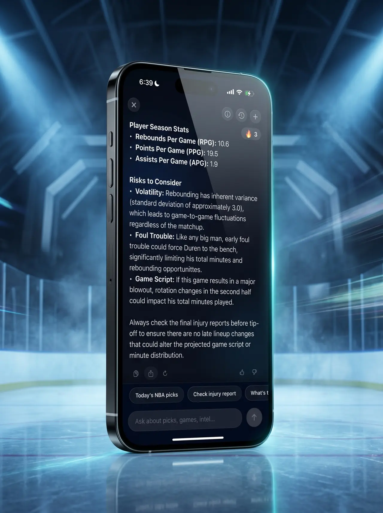 DeepChamp real-time stream screen shown inside a cinematic 3D iPhone in a hockey arena