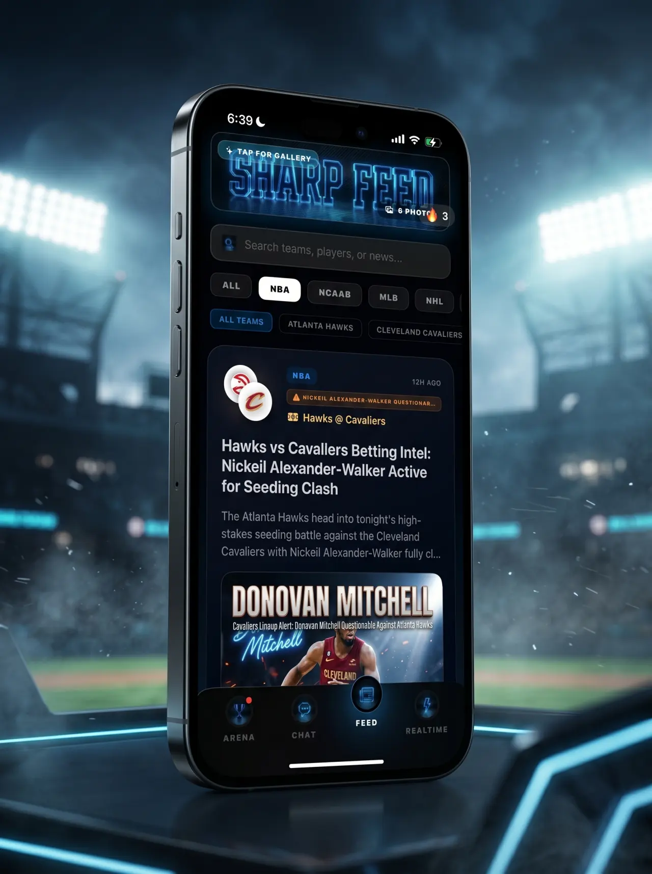 DeepChamp prop edge screen shown inside a cinematic 3D iPhone in a baseball night game scene
