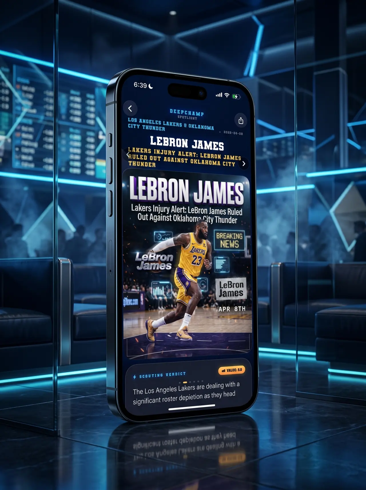 DeepChamp bankroll analytics screen shown inside a cinematic 3D iPhone in a luxury sportsbook lounge