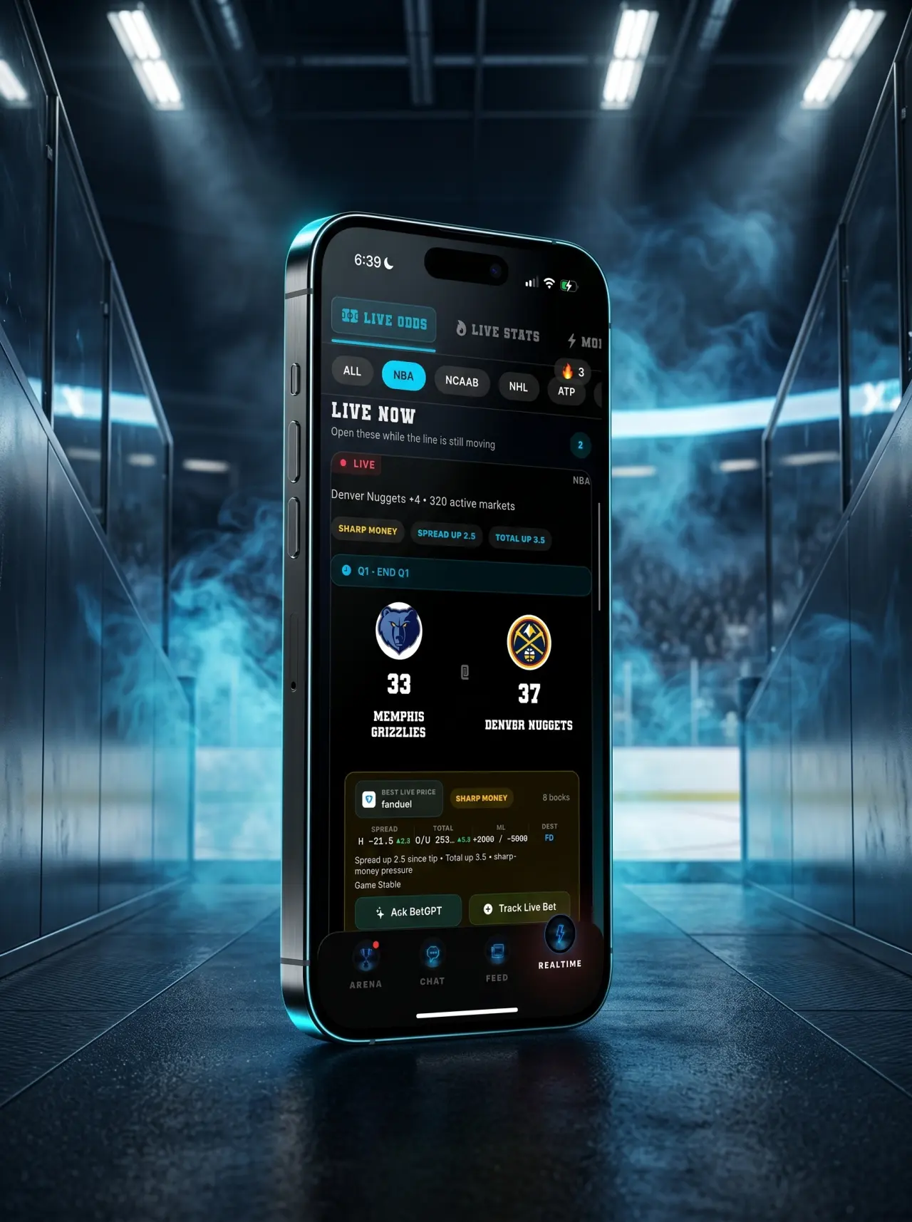 DeepChamp bet tracker screen shown inside a cinematic 3D iPhone in a champions tunnel