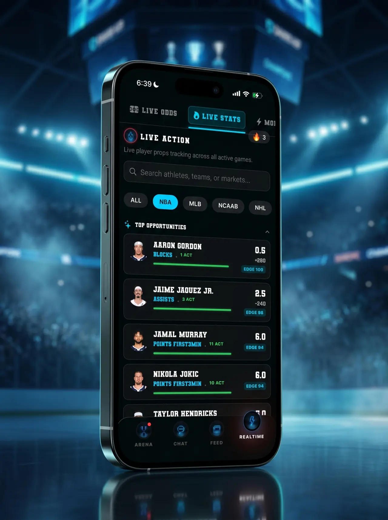 DeepChamp global leaderboards screen shown inside a cinematic 3D iPhone on a championship stage
