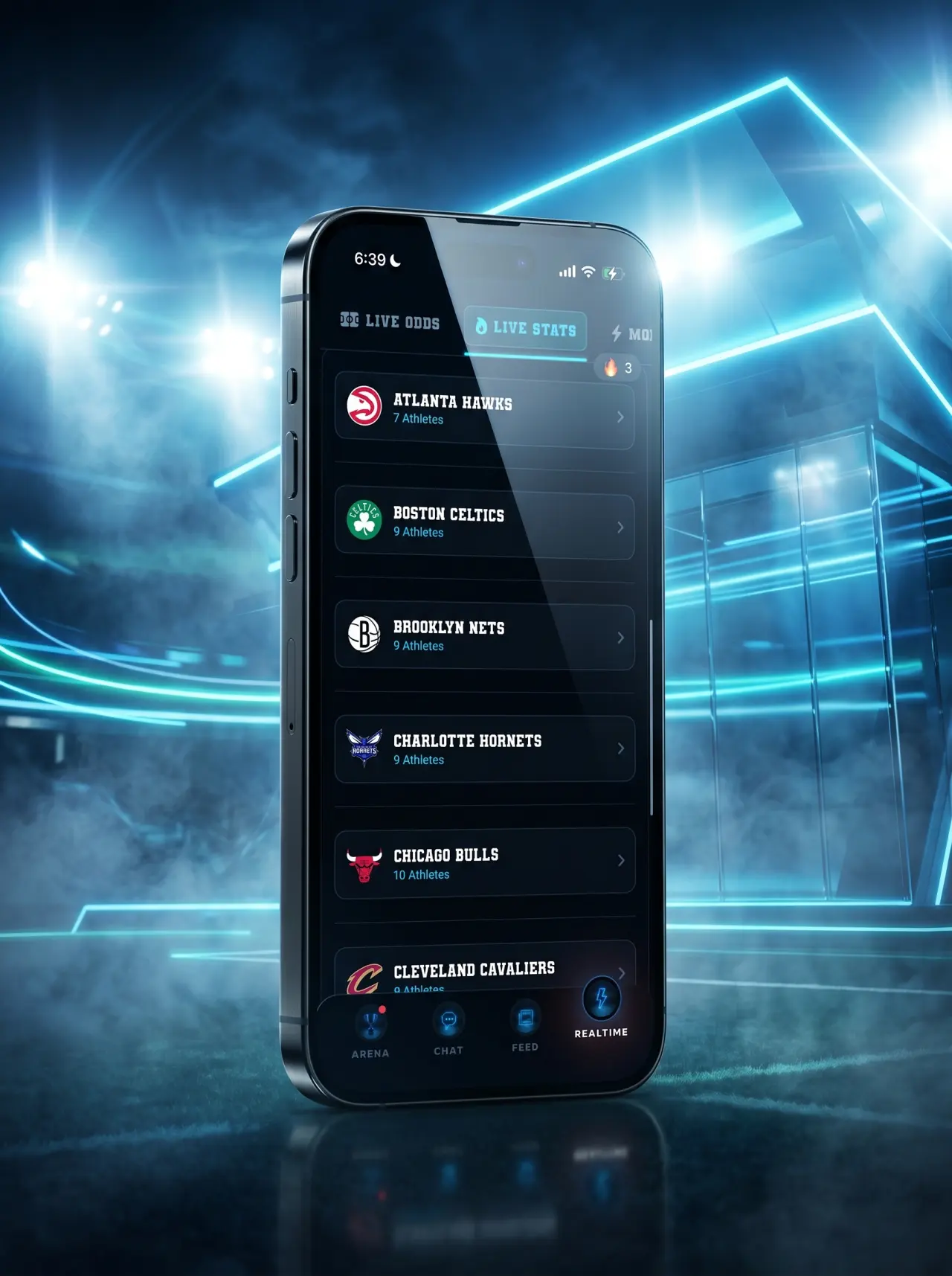 DeepChamp premium picks screen shown inside a cinematic 3D iPhone on a football field under lights