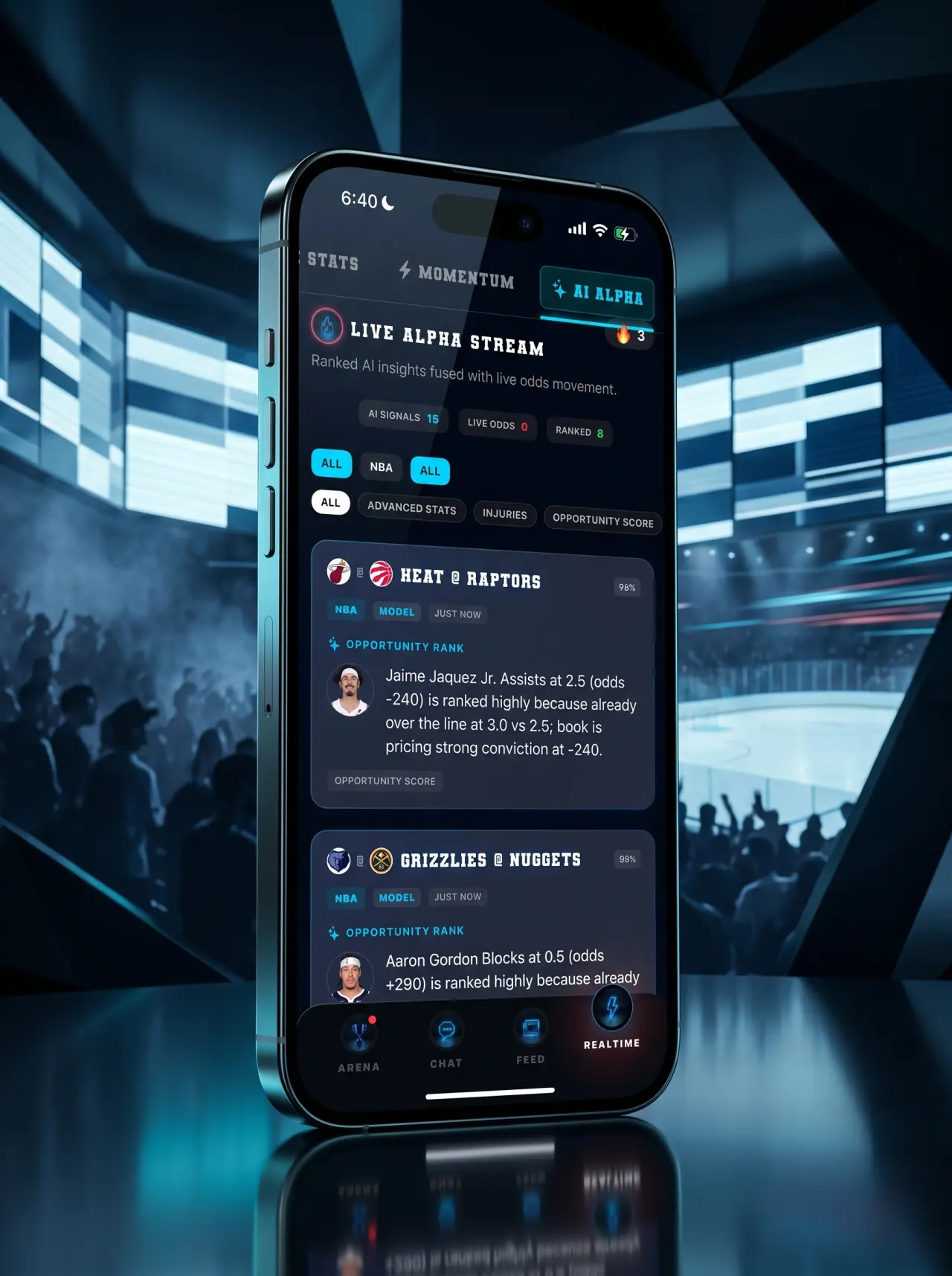 DeepChamp sportsbook sync screen shown inside a cinematic 3D iPhone in a VIP sportsbook suite