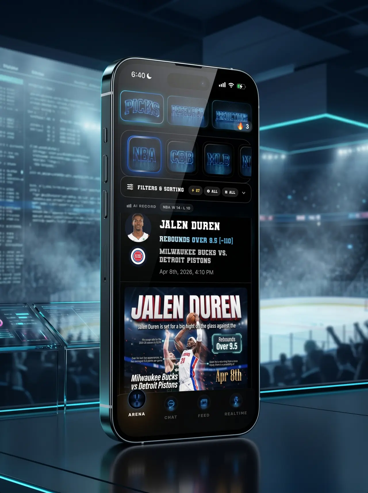 DeepChamp advanced modeling screen shown inside a cinematic 3D iPhone in a futuristic war room