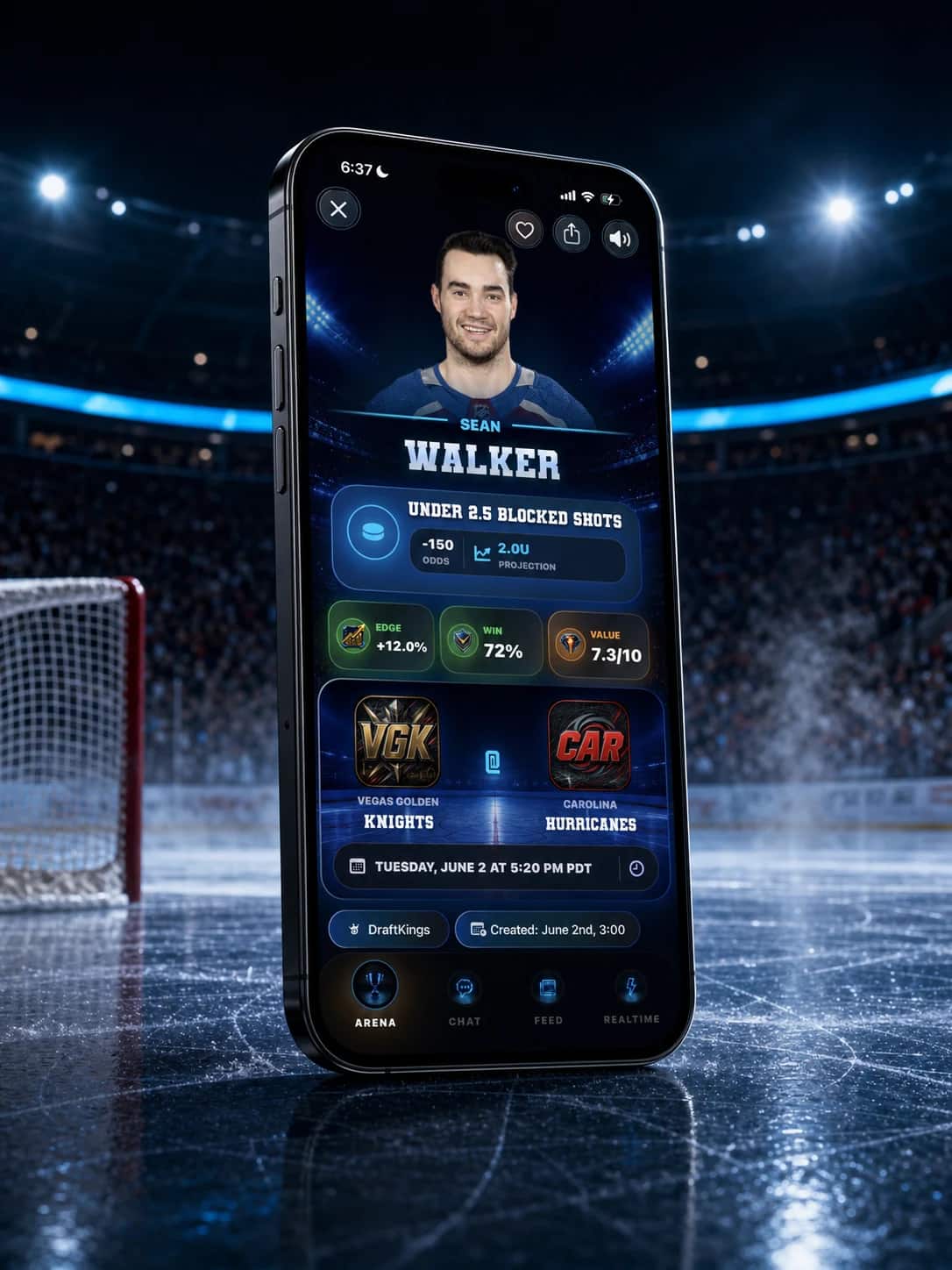 DeepChamp app player pick screen showing Sean Walker in a cinematic hockey arena iPhone scene