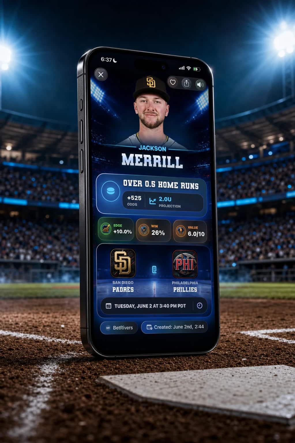 DeepChamp app player pick screen showing Jackson Merrill in a cinematic baseball stadium iPhone scene