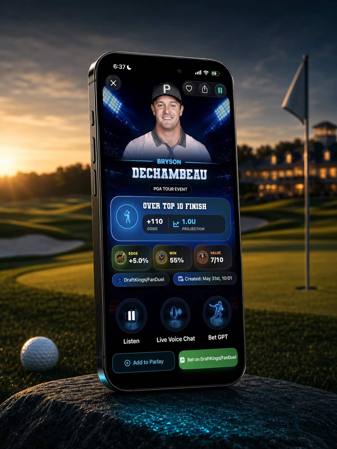 DeepChamp app player pick screen showing Bryson DeChambeau in a cinematic golf course iPhone scene