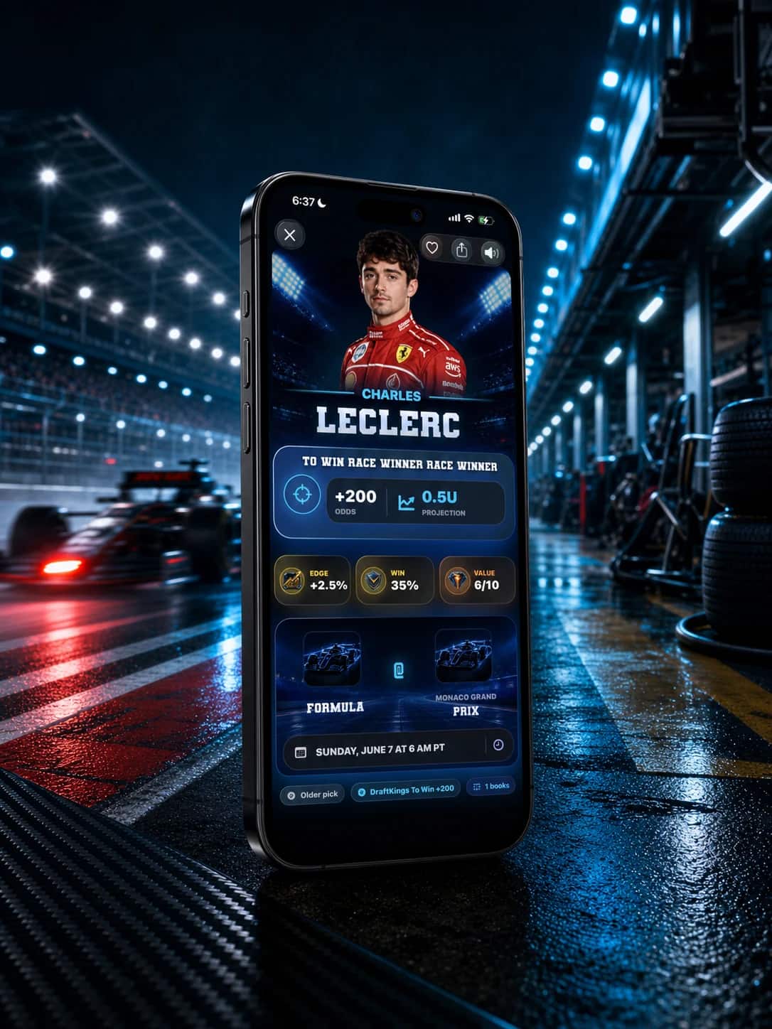 DeepChamp app market screen showing Charles Leclerc in a cinematic racing iPhone scene