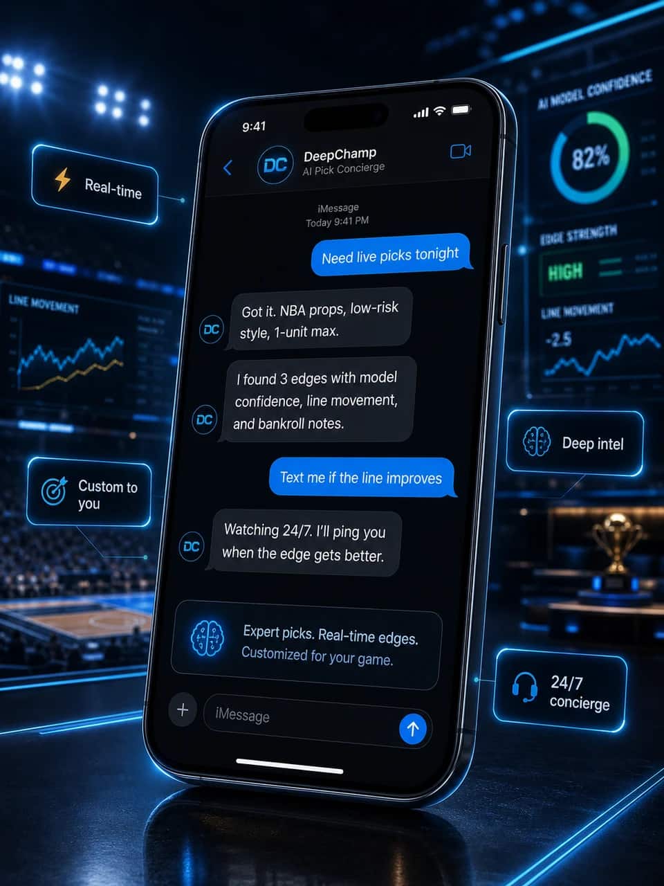 DeepChamp iMessage-style AI pick concierge chat shown inside a cinematic neon-blue iPhone scene