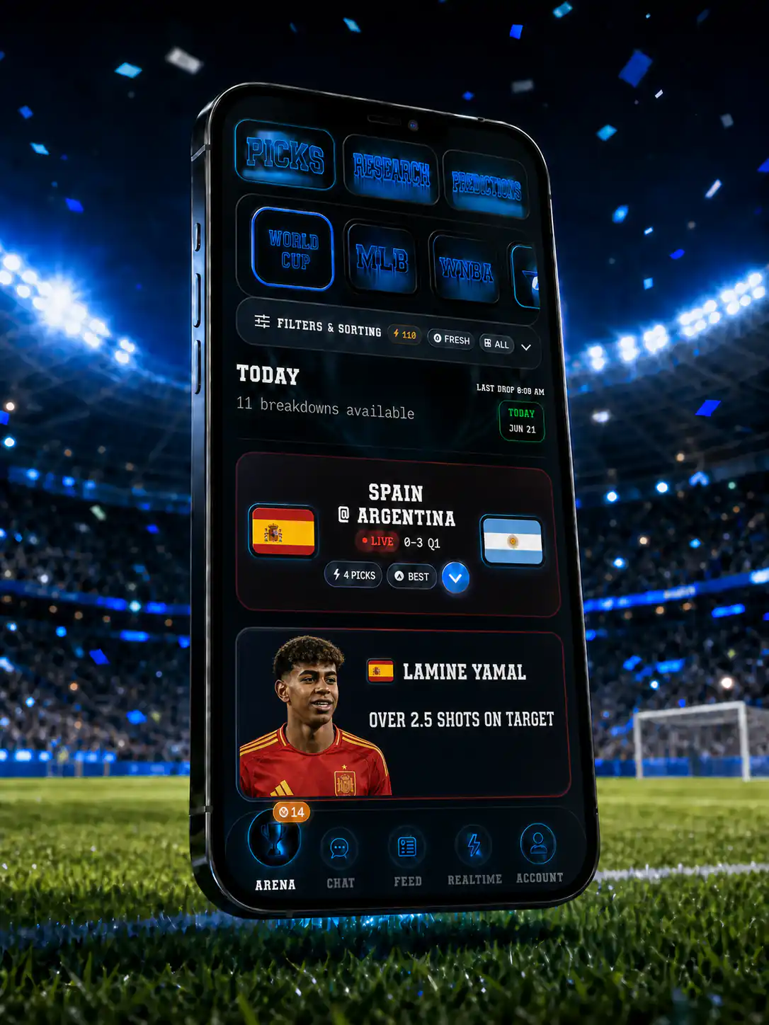 DeepChamp World Cup screen showing Spain versus Argentina with a Lamine Yamal player prop inside a cinematic iPhone scene on a floodlit soccer pitch