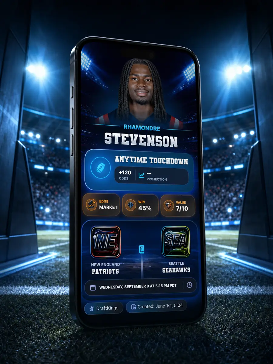 DeepChamp app player pick screen showing Rhamondre Stevenson anytime touchdown in a cinematic football stadium iPhone scene