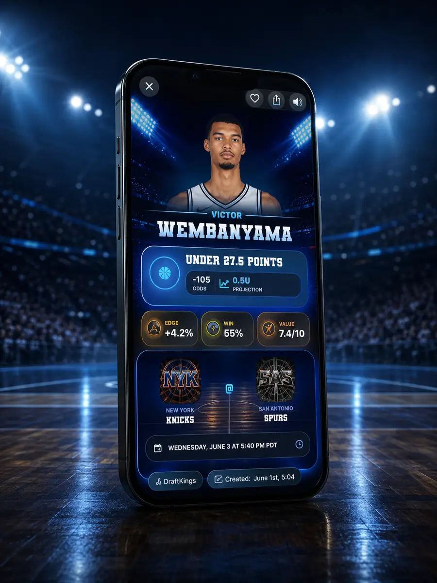 DeepChamp app player pick screen showing Victor Wembanyama under 27.5 points in a cinematic basketball arena iPhone scene