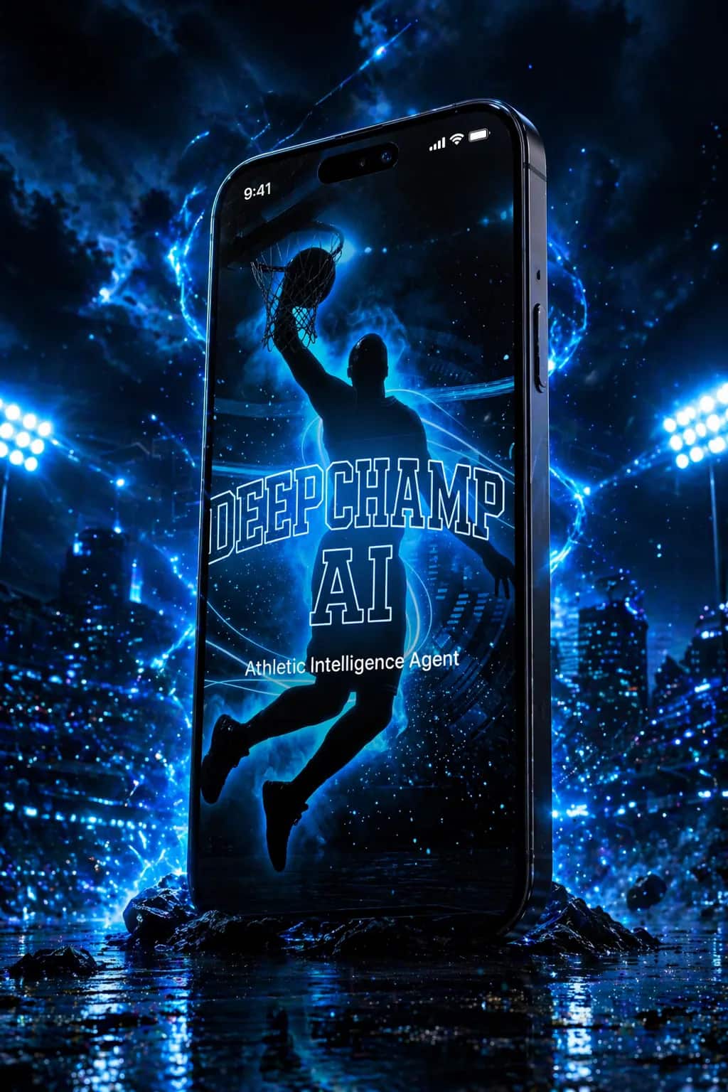 DeepChamp AI hero iPhone render with a dunk silhouette and electric blue arena energy