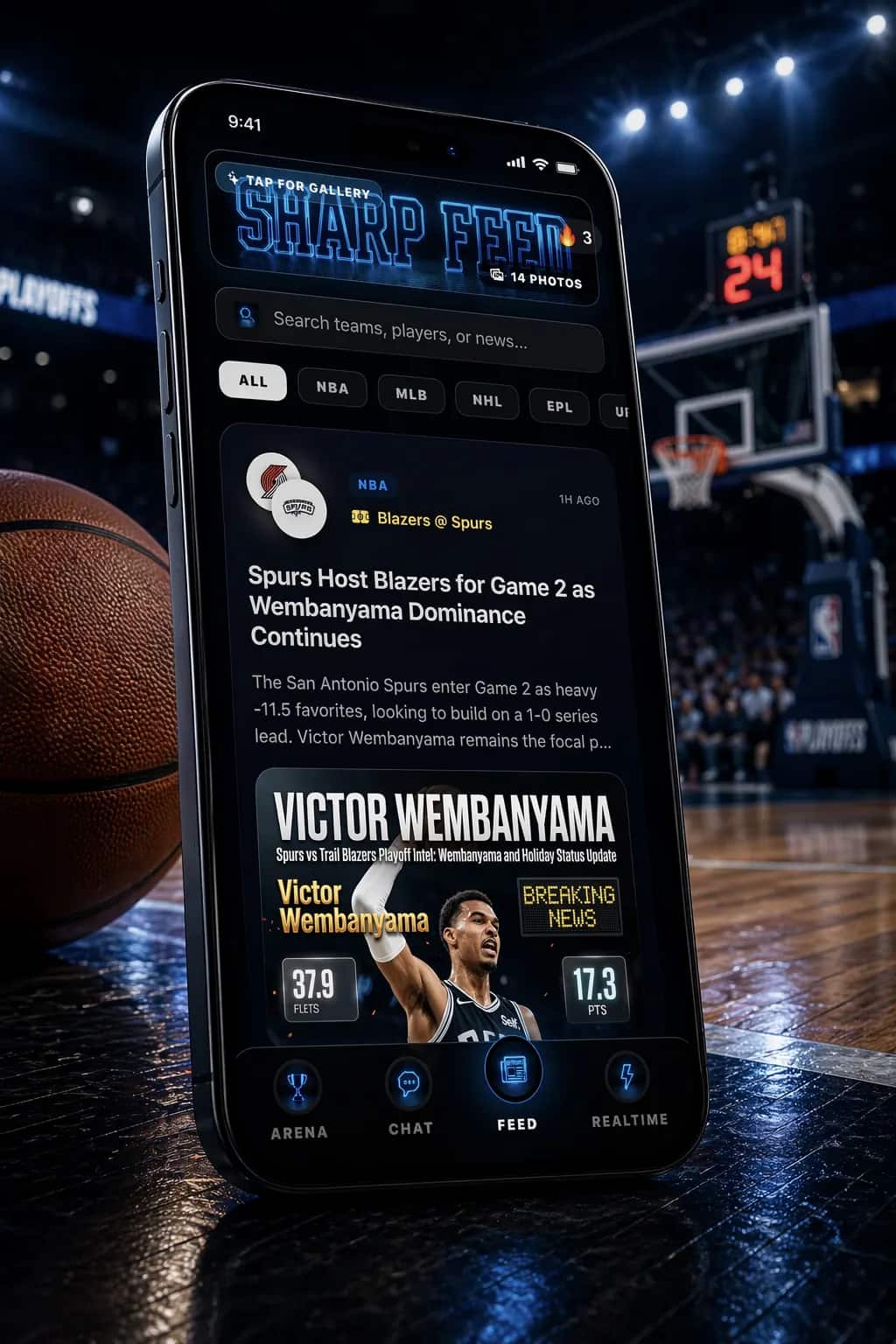 DeepChamp sharp feed iPhone render standing courtside on a playoff basketball floor