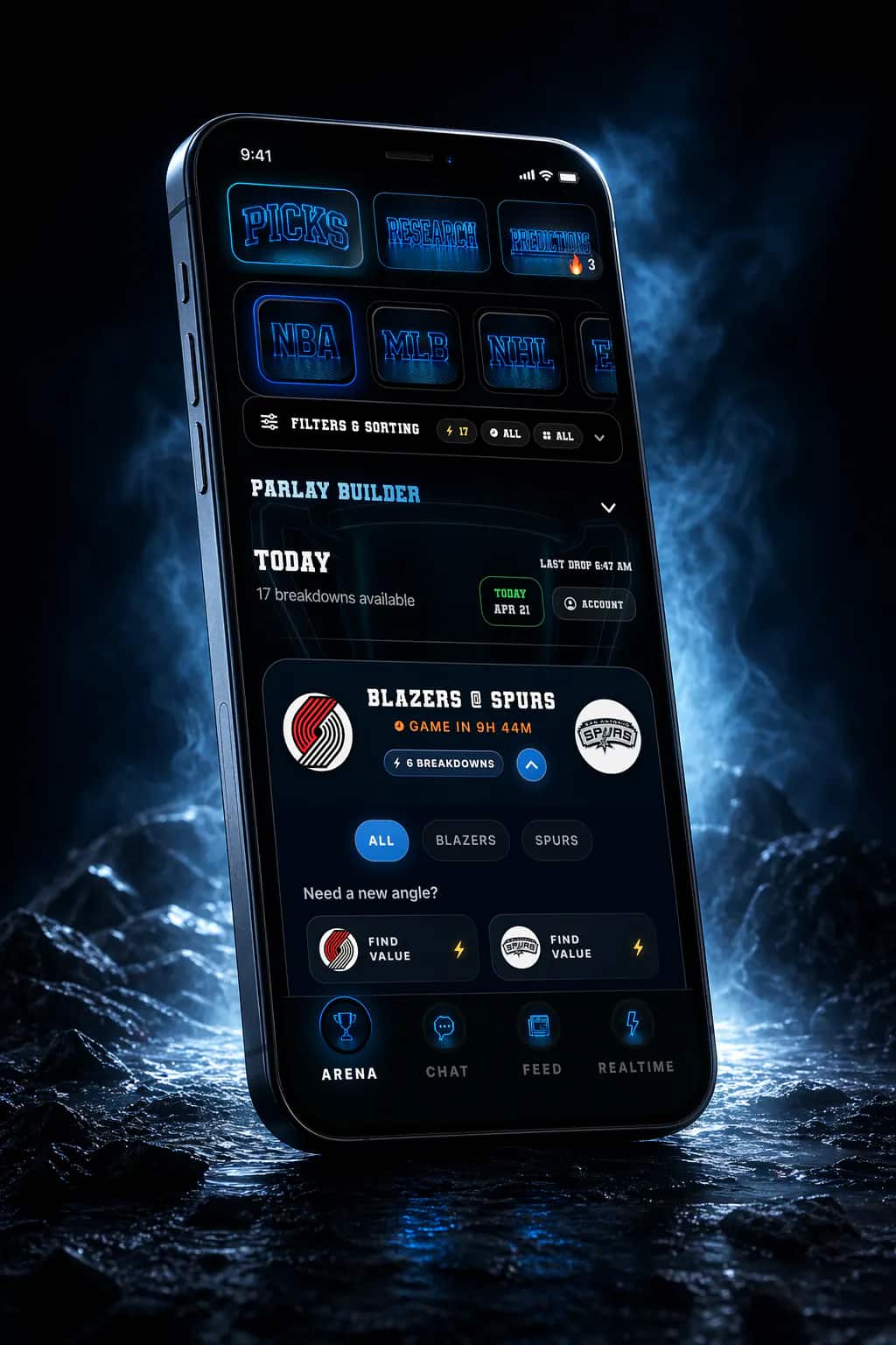 DeepChamp picks and research iPhone render featuring parlays, breakdowns, and filters