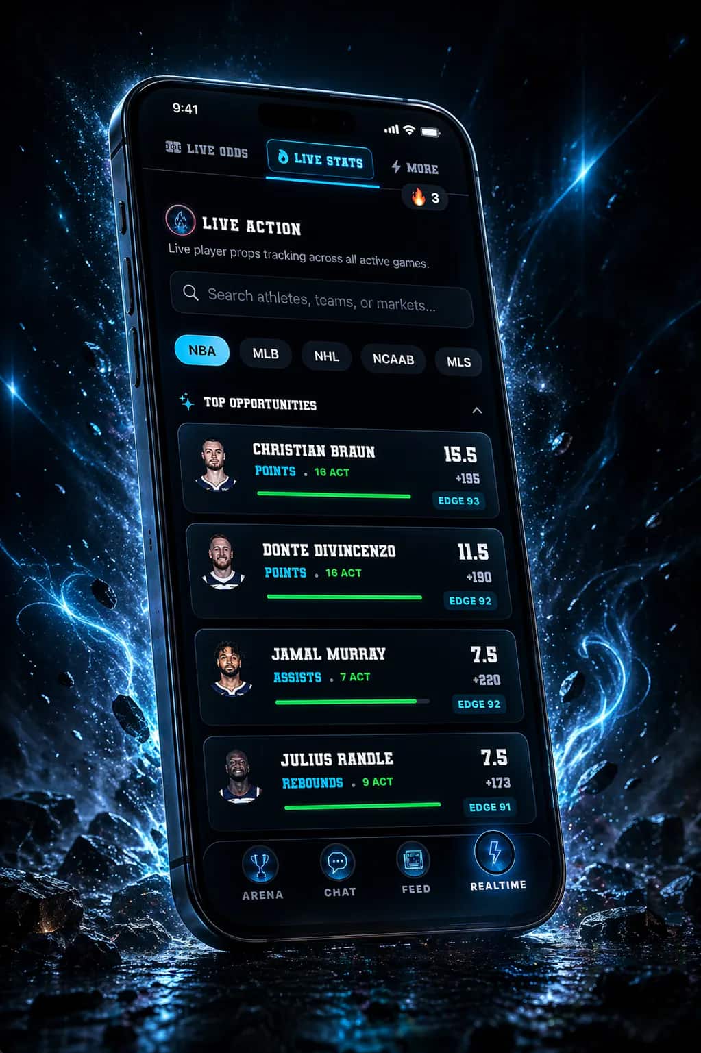DeepChamp live stats iPhone render showing top prop opportunities and realtime tracking