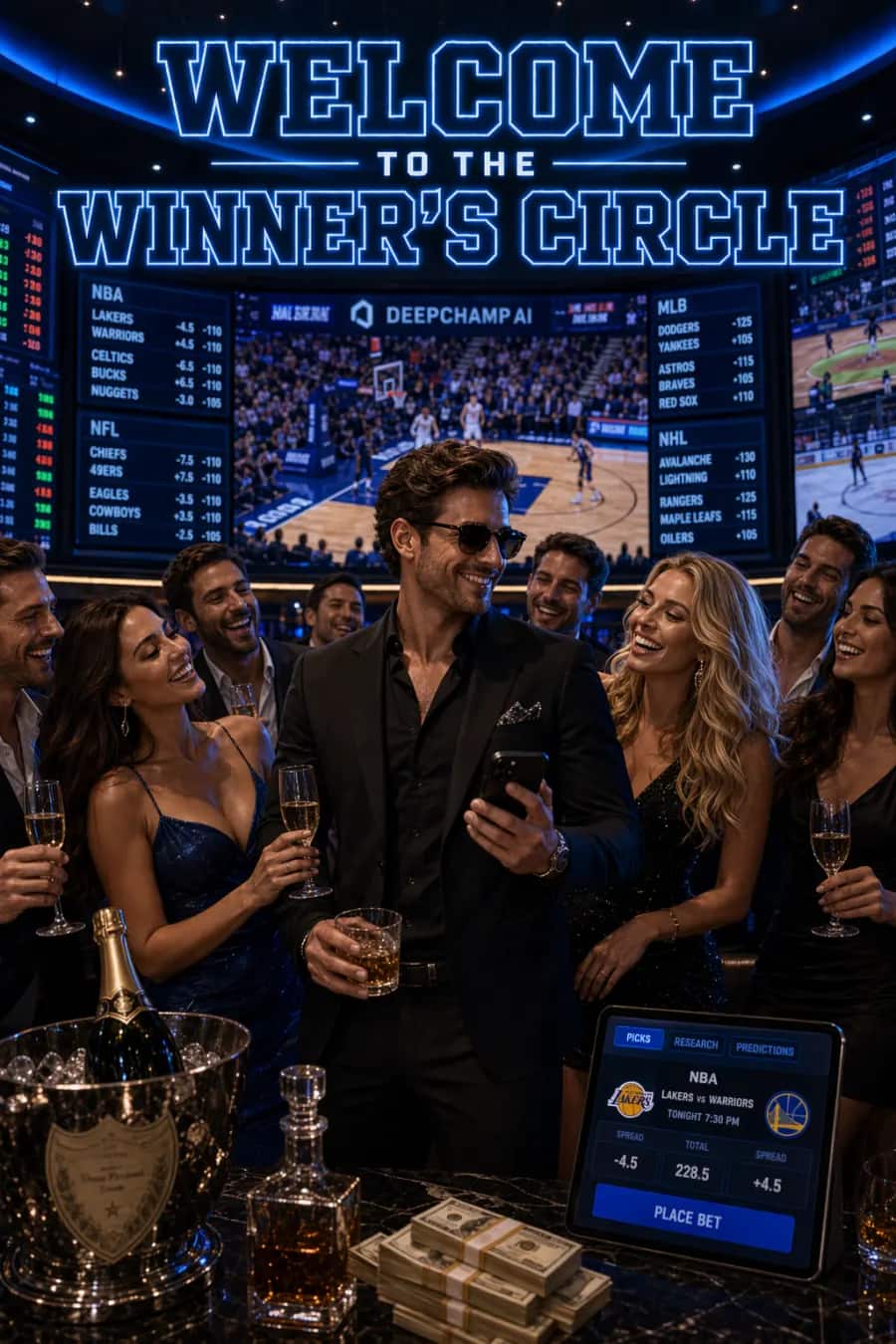 DeepChamp winner's circle lounge artwork showing a celebratory sportsbook night with champagne, picks, and a bright electric blue arena backdrop