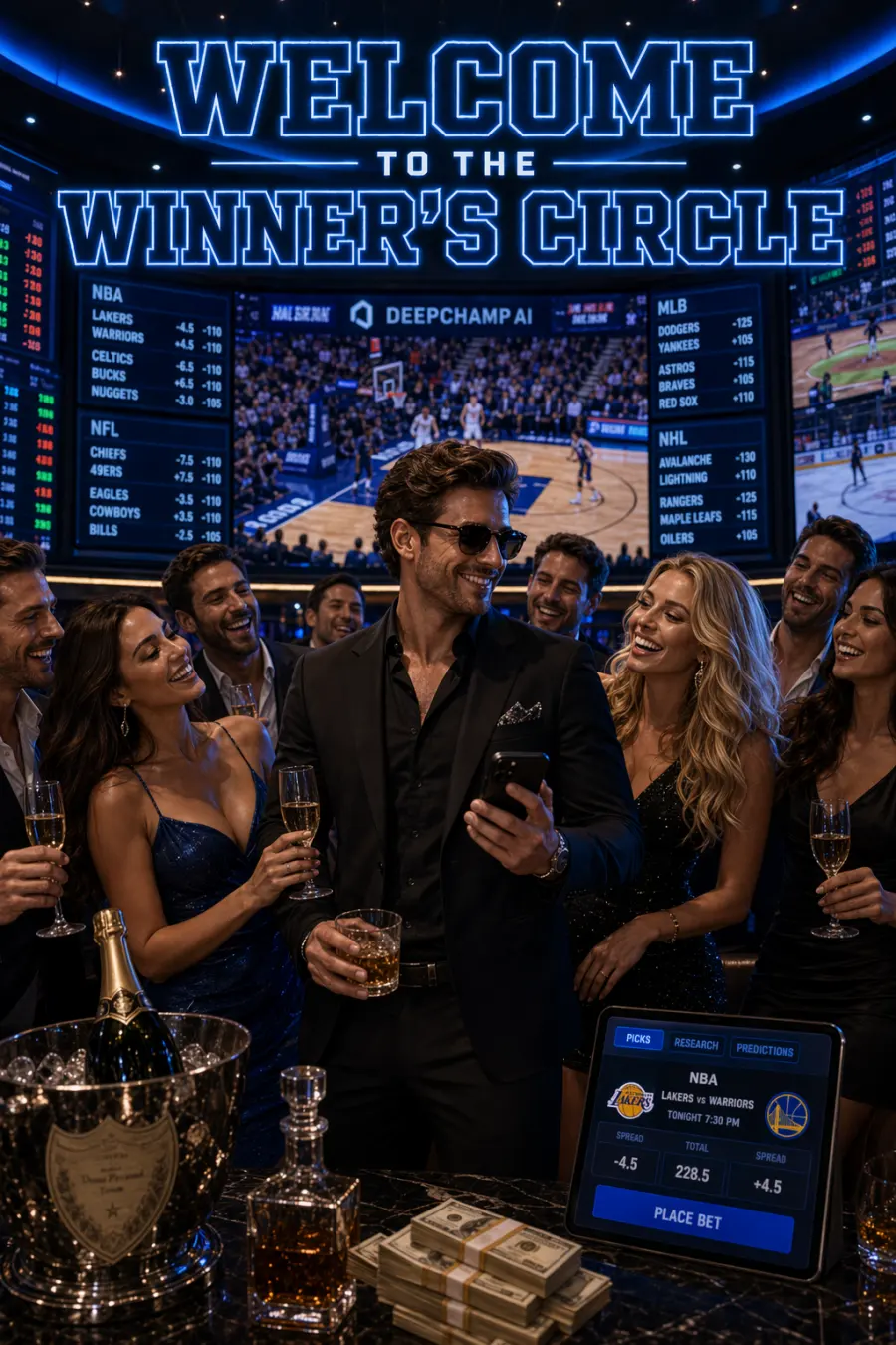 DeepChamp winner's circle lounge artwork showing a celebratory sportsbook night with champagne, picks, and a bright electric blue arena backdrop