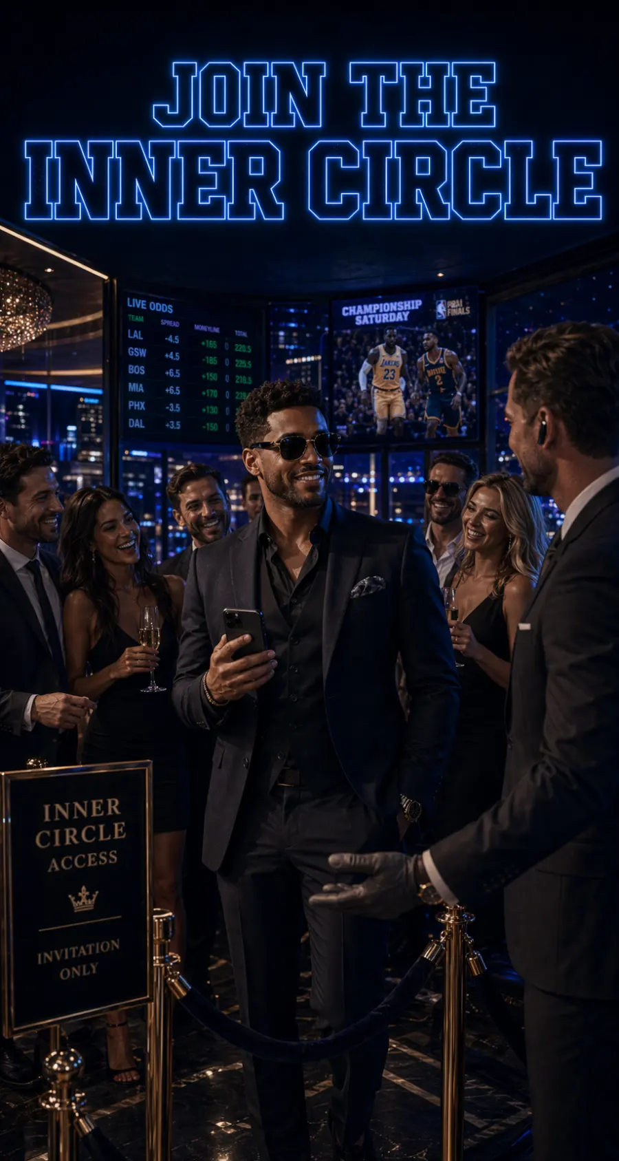 DeepChamp inner circle artwork showing a premium invitation-only sportsbook scene with composed confidence and electric blue night lighting