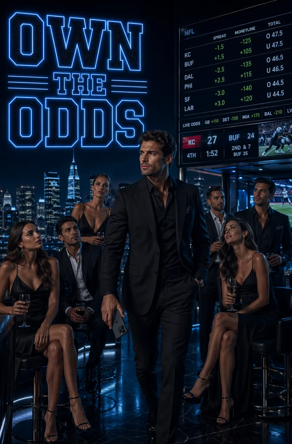 DeepChamp own-the-odds suite artwork showing a poised bettor in a premium sportsbook penthouse with skyline views and bright NFL boards