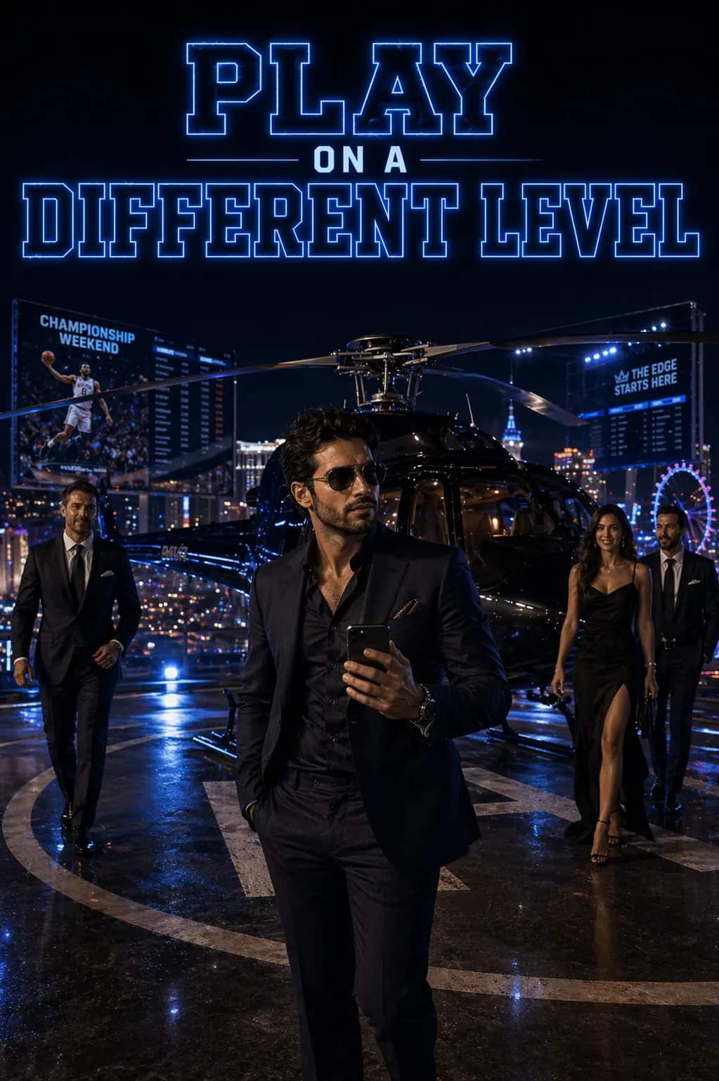 DeepChamp different-level arrival artwork showing a composed bettor stepping off a rooftop helipad with city lights and a premium entourage behind him