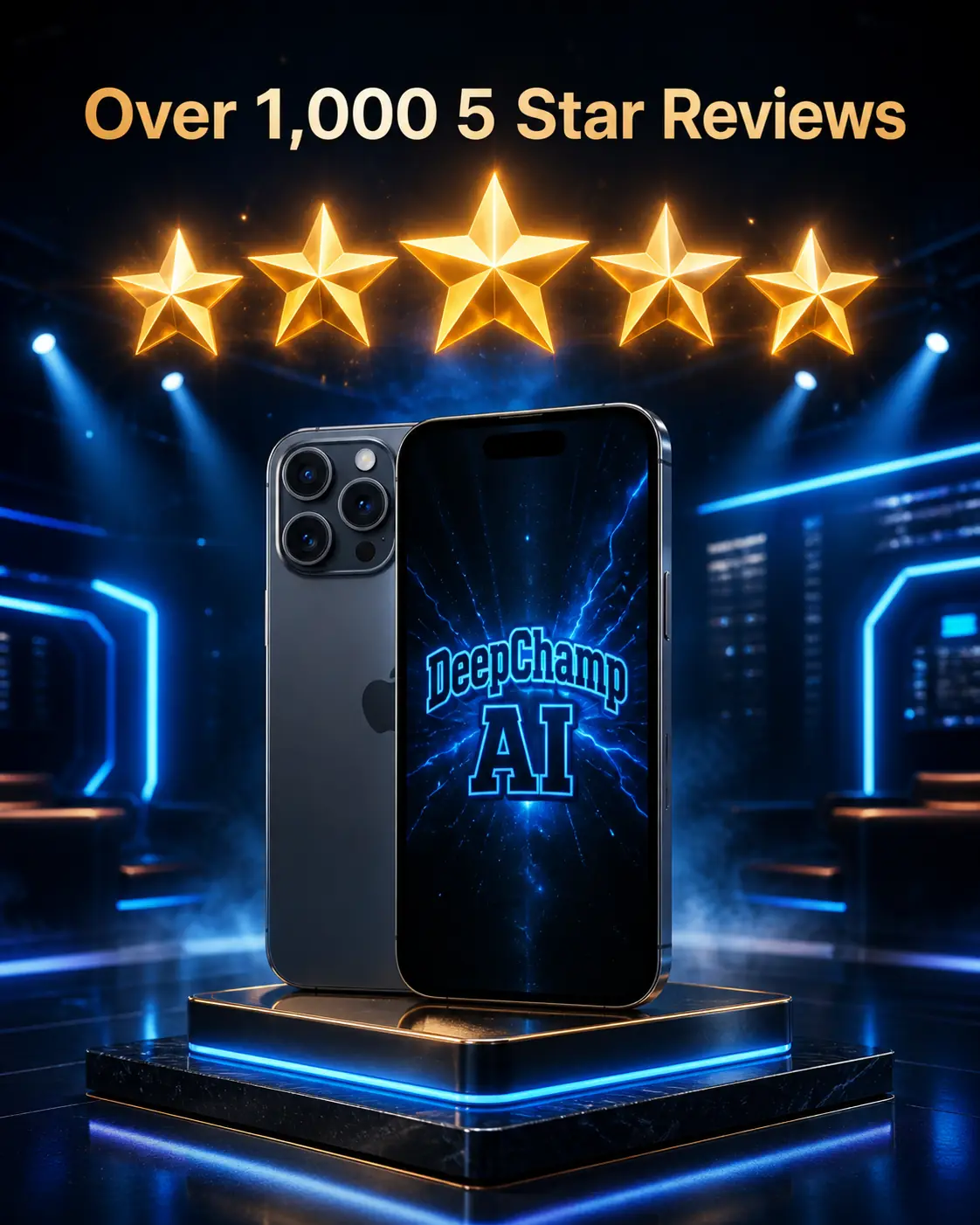 DeepChamp social proof artwork featuring over one thousand five star reviews and a five star app rating phone graphic