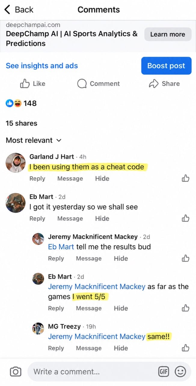 Facebook comments screenshot where DeepChamp users say I been using them as a cheat code, I went five for five, and same