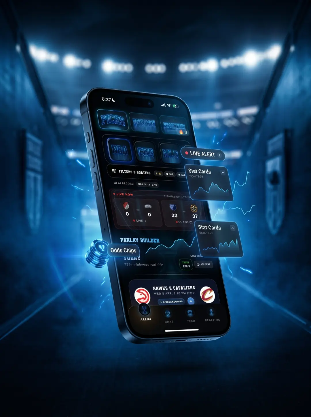 DeepChamp sharp feed screen inside a cinematic football tunnel iPhone scene