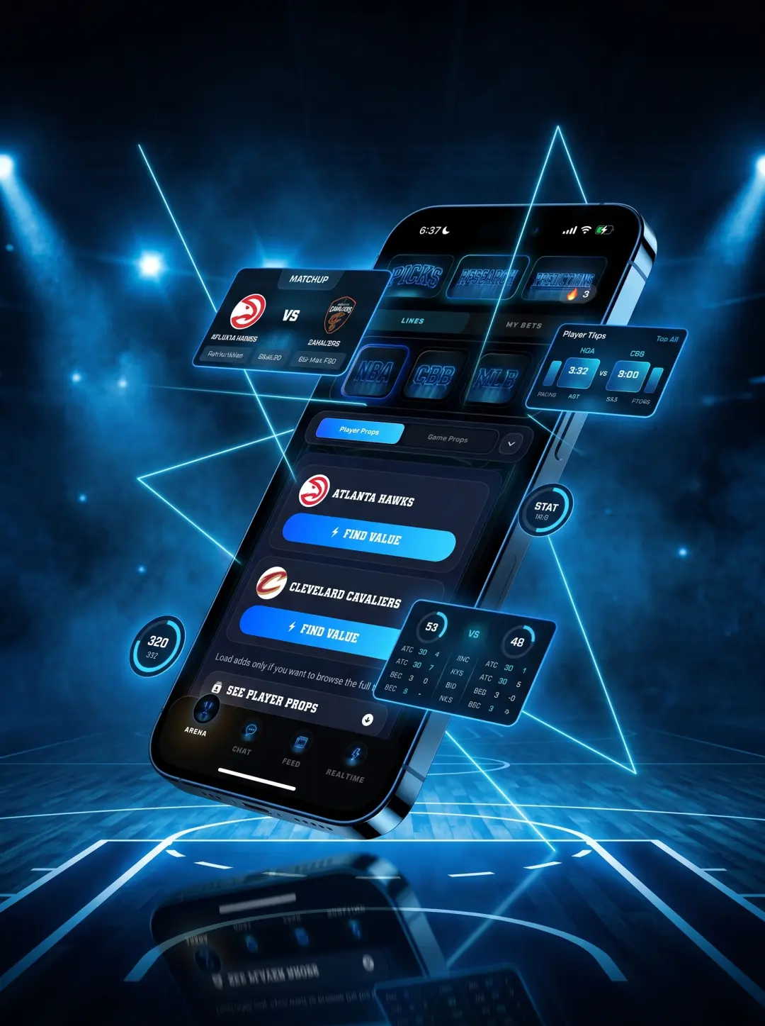 DeepChamp matchup screen inside a cinematic basketball arena iPhone scene