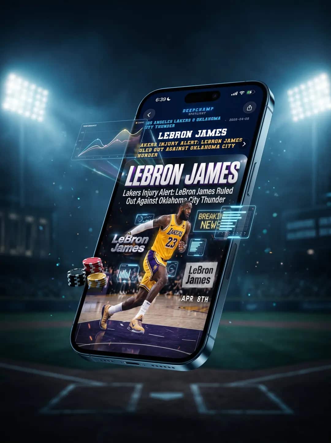 DeepChamp bankroll screen inside a cinematic baseball iPhone scene