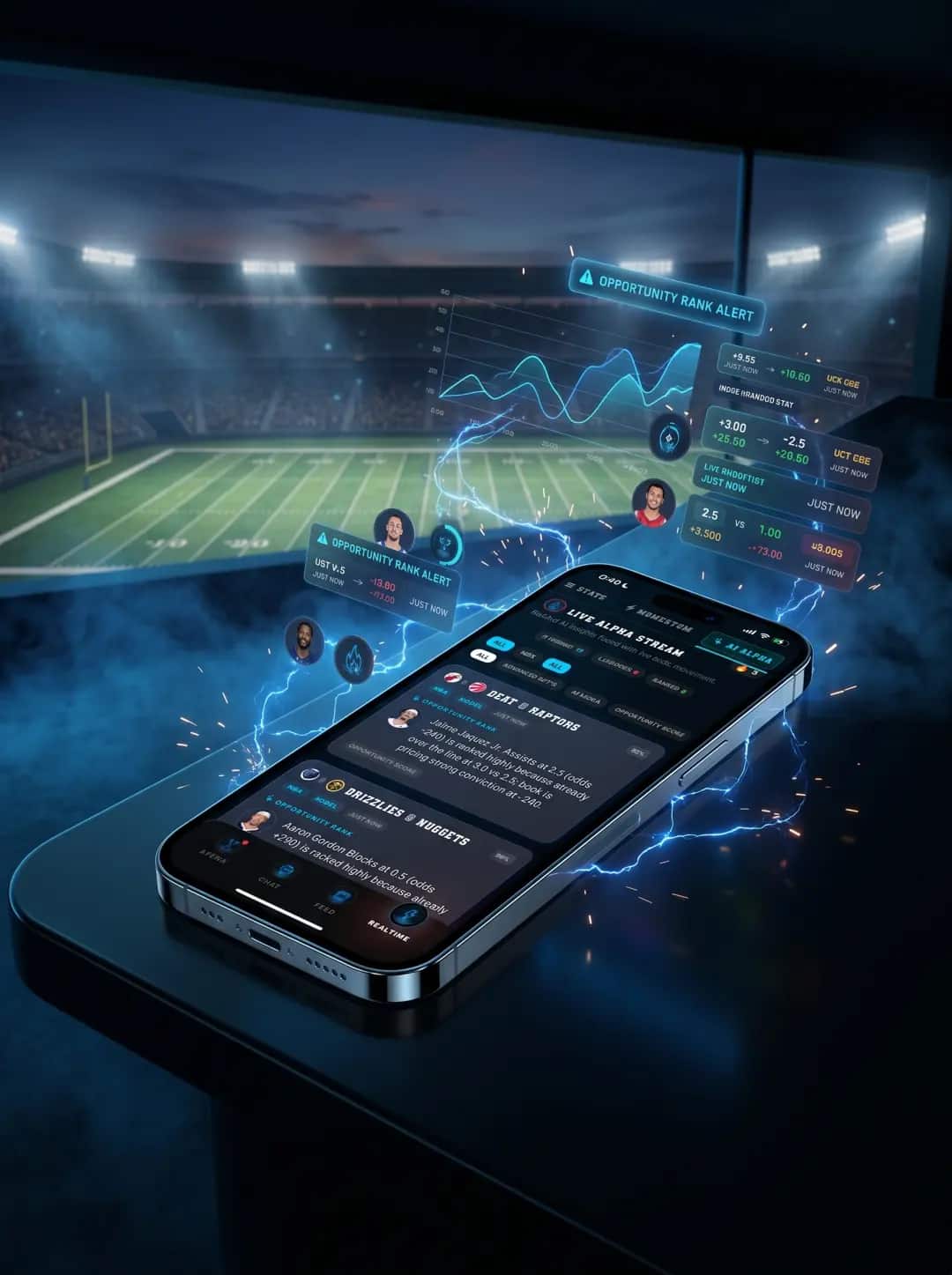 DeepChamp sync screen inside a cinematic football stadium iPhone scene
