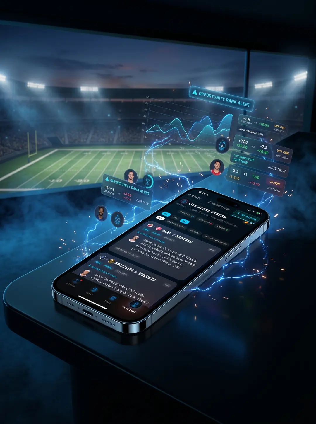 DeepChamp sync screen inside a cinematic football stadium iPhone scene