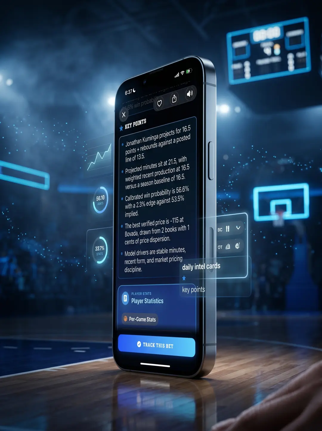 DeepChamp daily intel screen inside a cinematic basketball iPhone scene