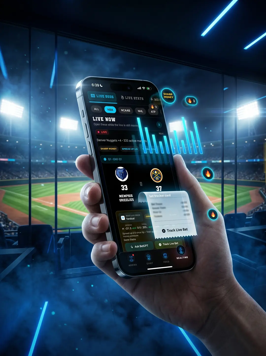 DeepChamp bet tracker screen inside a cinematic baseball iPhone scene