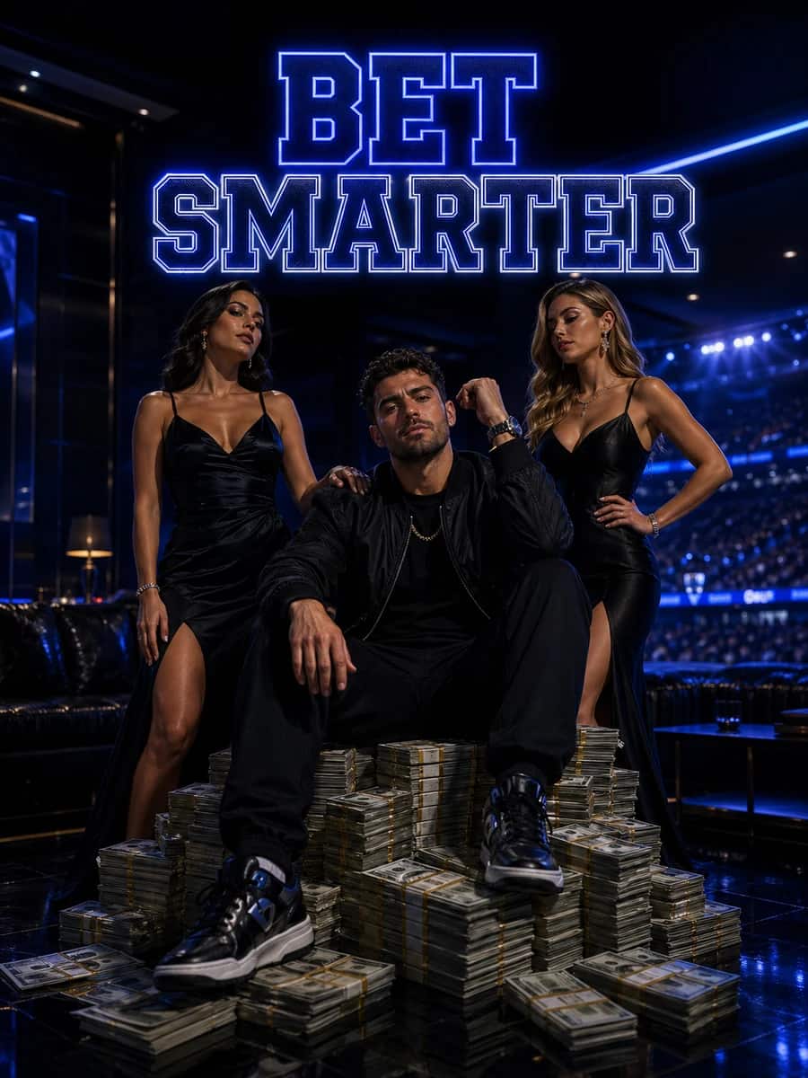 DeepChamp BET SMARTER dark neon blue lifestyle creative with a confident bettor and premium cash-out scene