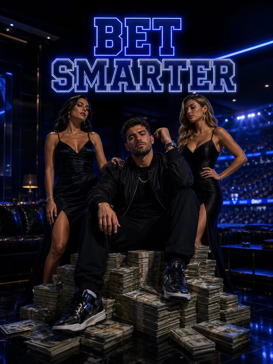 DeepChamp BET SMARTER dark neon blue lifestyle creative with a confident bettor and premium cash-out scene