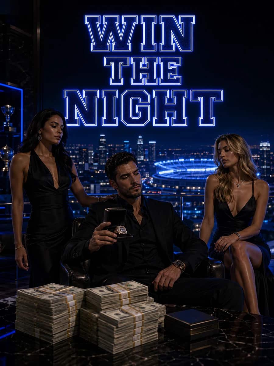 DeepChamp WIN THE NIGHT dark neon blue penthouse lifestyle creative with a confident sports bettor