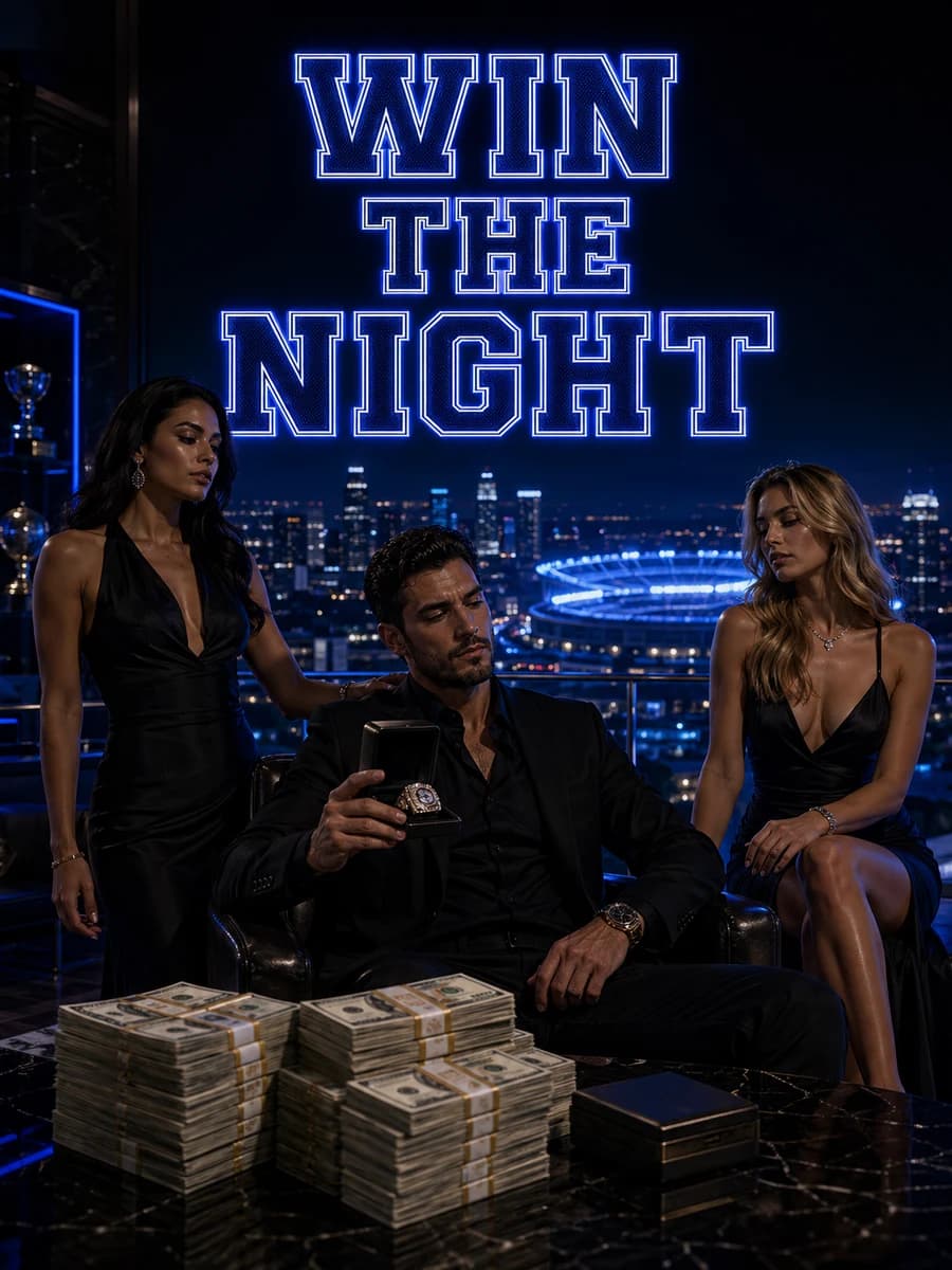 DeepChamp WIN THE NIGHT dark neon blue penthouse lifestyle creative with a confident sports bettor